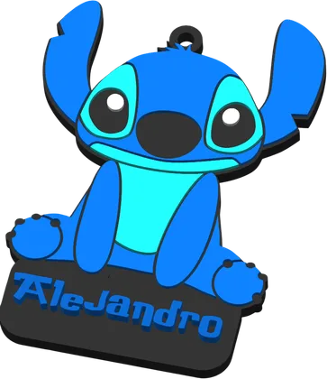 Llavero azul de personaje tipo Stitch personalizado con el nombre Alejandro