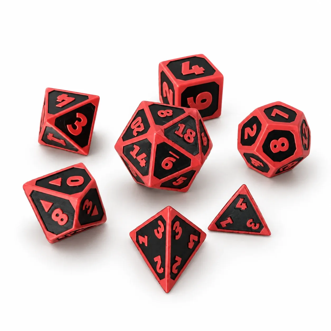 Set de dados de rol del d4 al d20 en rojo y negro, impresos en 3D