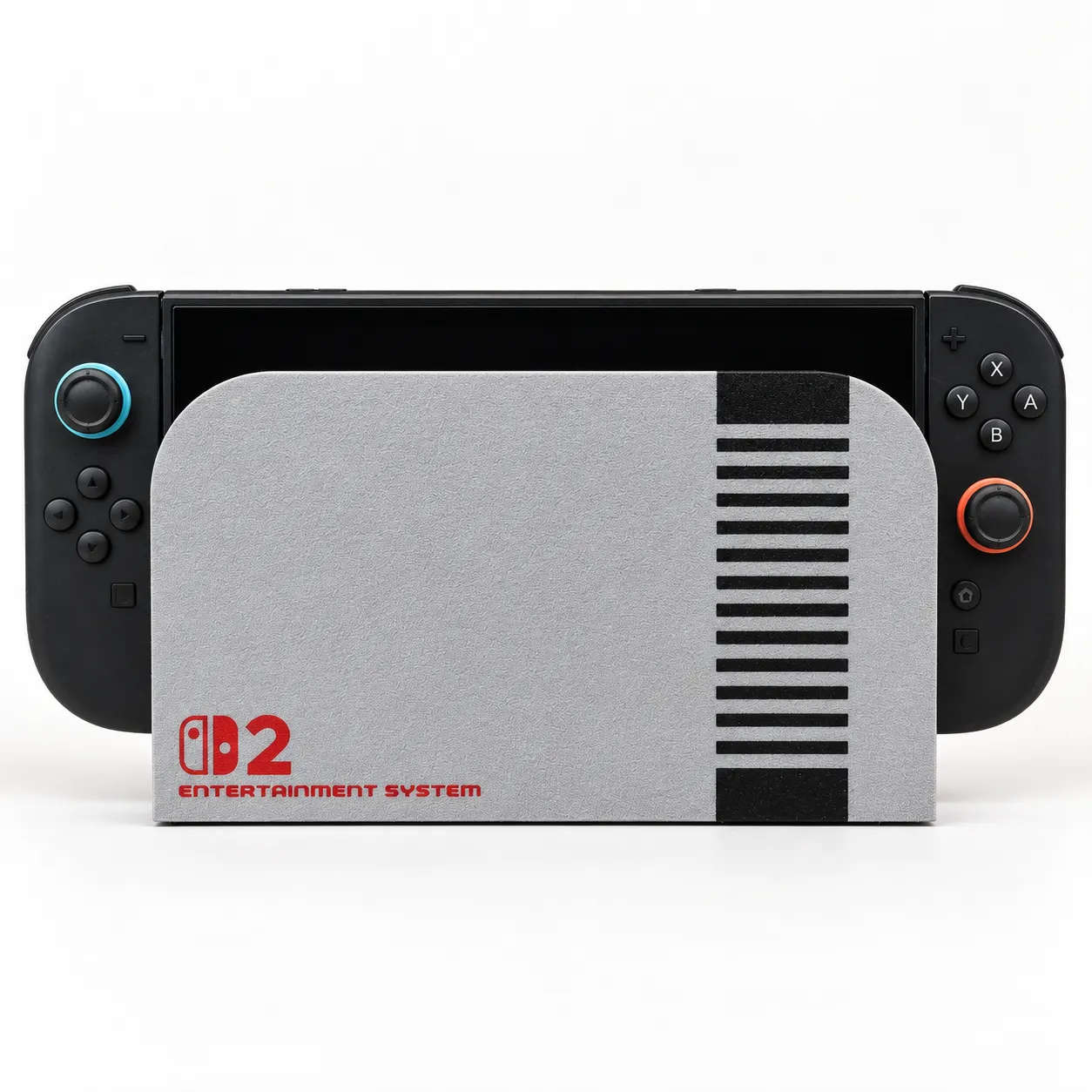 Cover para el dock de Nintendo Switch 2 con el aspecto de una consola NES gris y negra, impreso en 3D