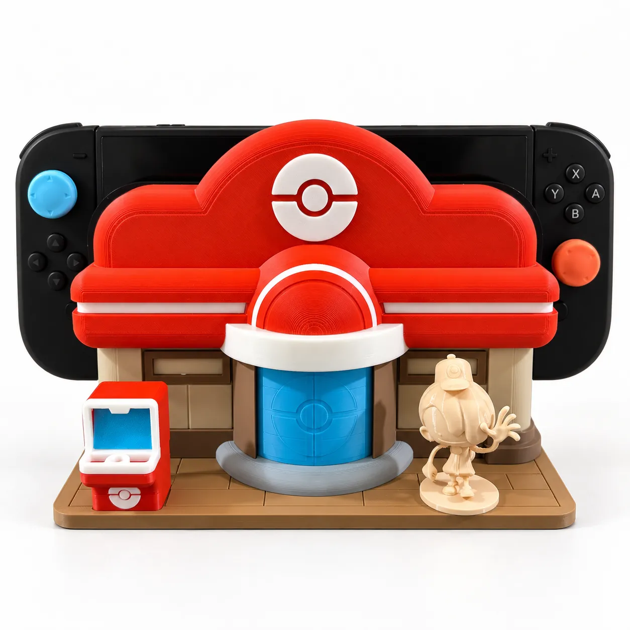 Cover para el dock de Nintendo Switch 2 con forma de centro Pokémon en rojo y blanco, con figura y mostrador, impreso en 3D