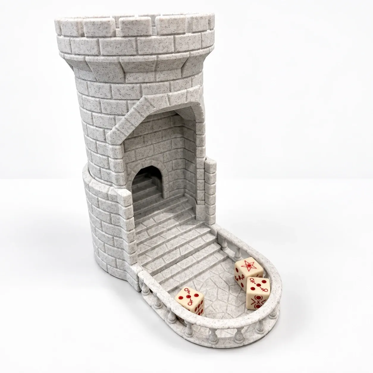 Torre de dados con forma de castillo, con escalera y balaustrada, impresa en 3D con acabado tipo mármol