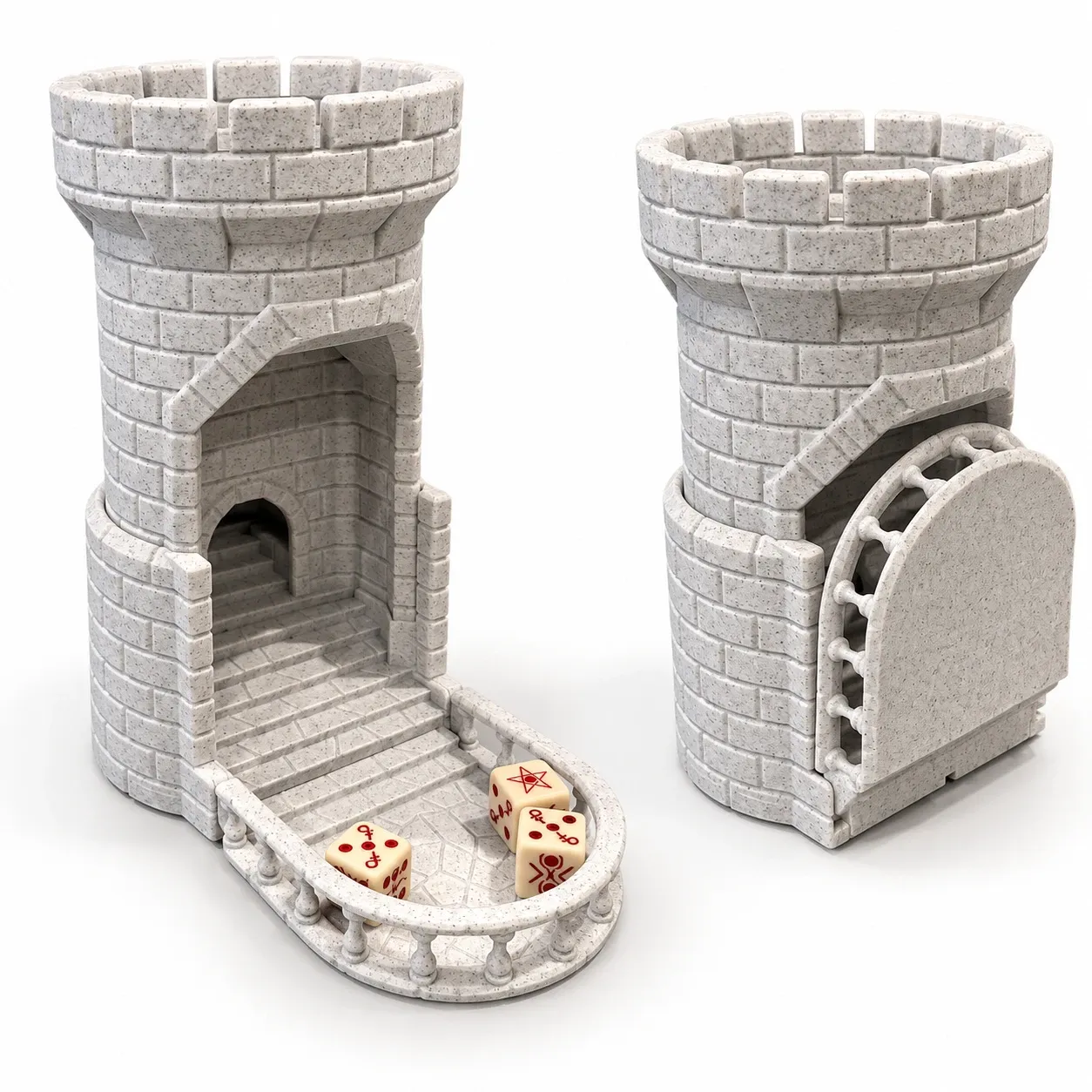 Dos torres de dados con forma de castillo y acabado tipo mármol impresas en 3D, una abierta con la escalera y los dados y otra con la puerta cerrada