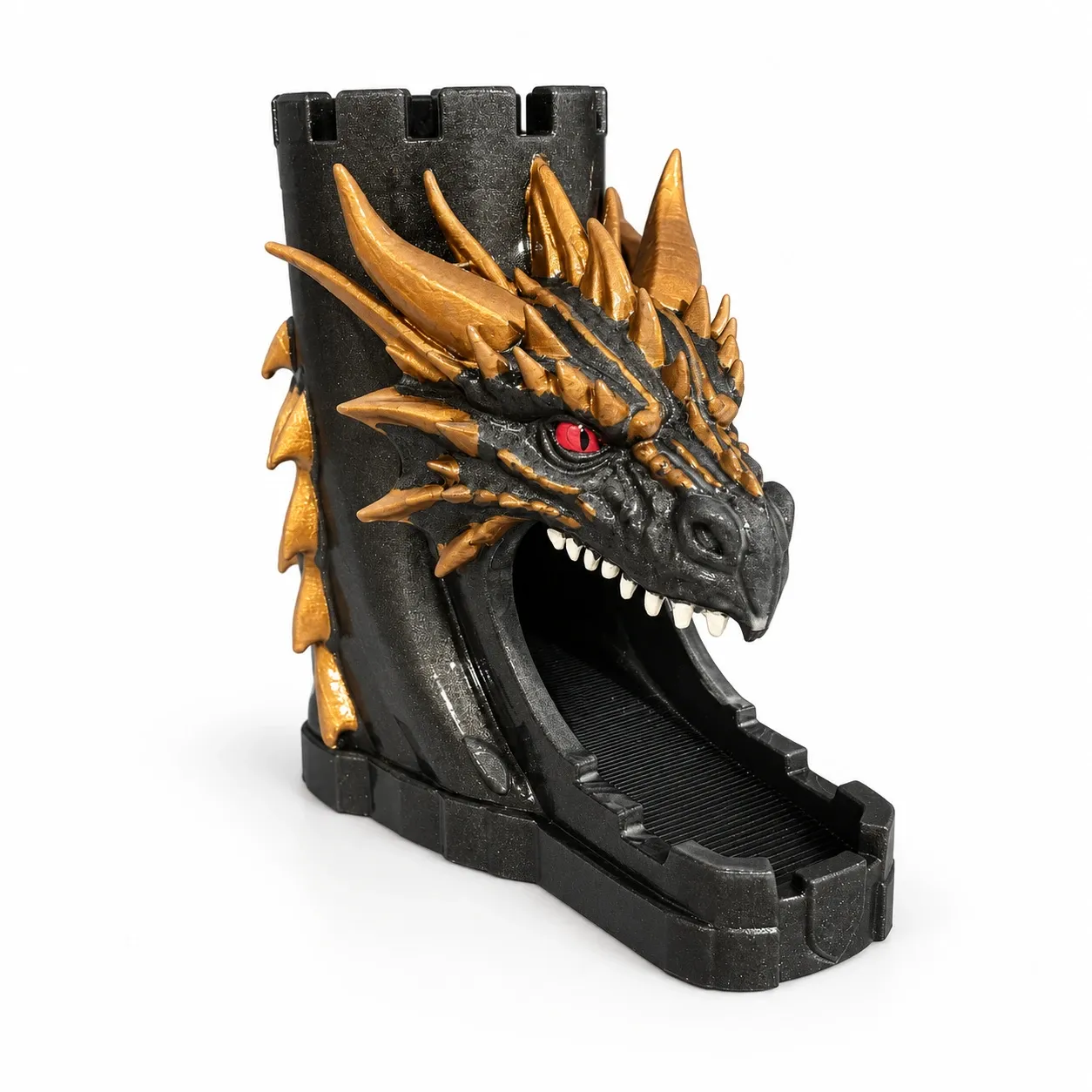 Torre de dados con cabeza de dragón negro y dorado de ojos rojos, con los dados saliendo por la boca, impresa en 3D