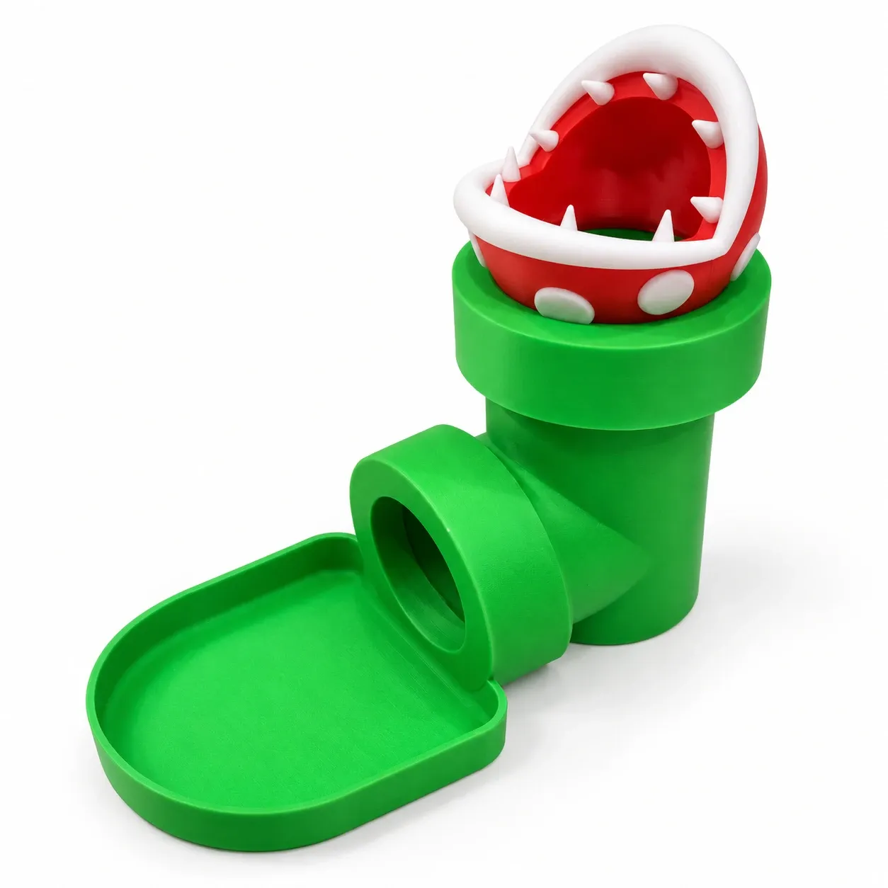 Torre de dados de la planta piraña de Super Mario saliendo de una tubería verde, con bandeja, impresa en 3D