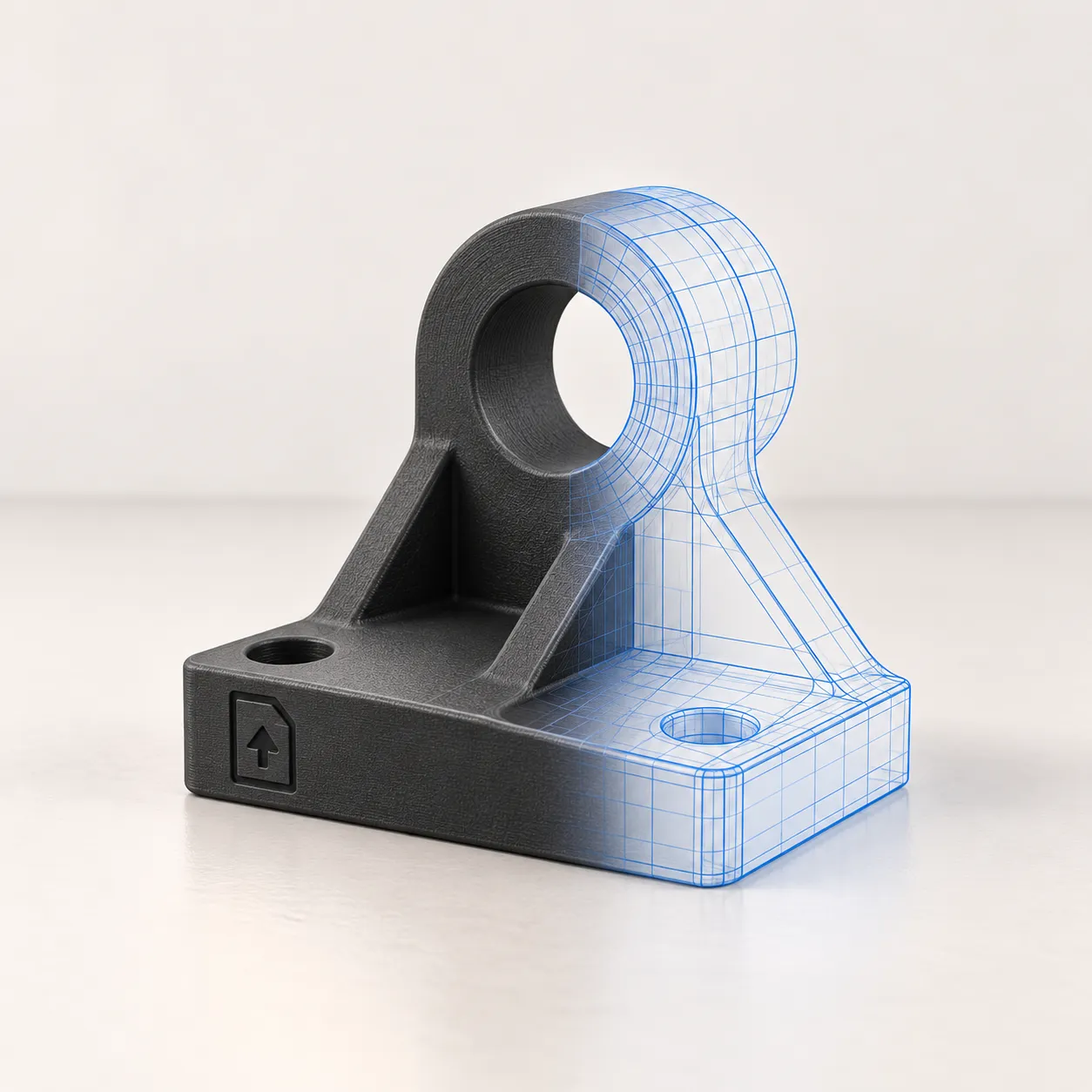 Soporte impreso en 3D, mitad pieza acabada y mitad modelo 3D en alambre, con un icono de subida de archivo