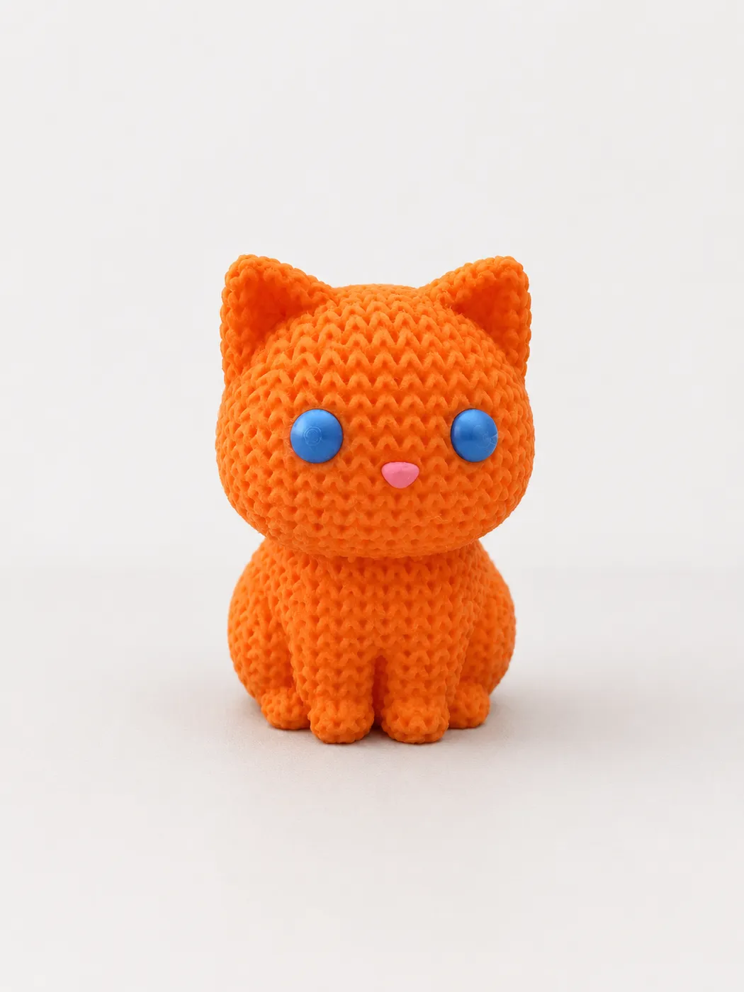Figura de gato naranja con textura de crochet y ojos azules impresa en 3D