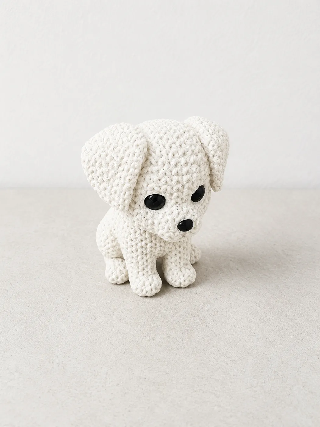 Figura de perro blanco con textura de crochet impresa en 3D