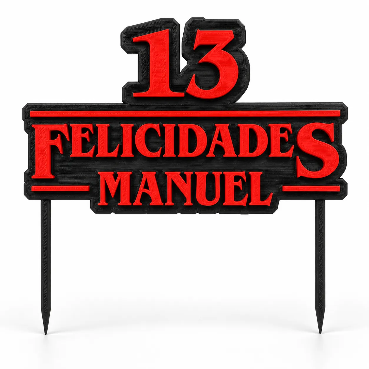 Cake topper de cumpleaños inspirado en Stranger Things, en rojo y negro, con el número 13 y «Felicidades Manuel»