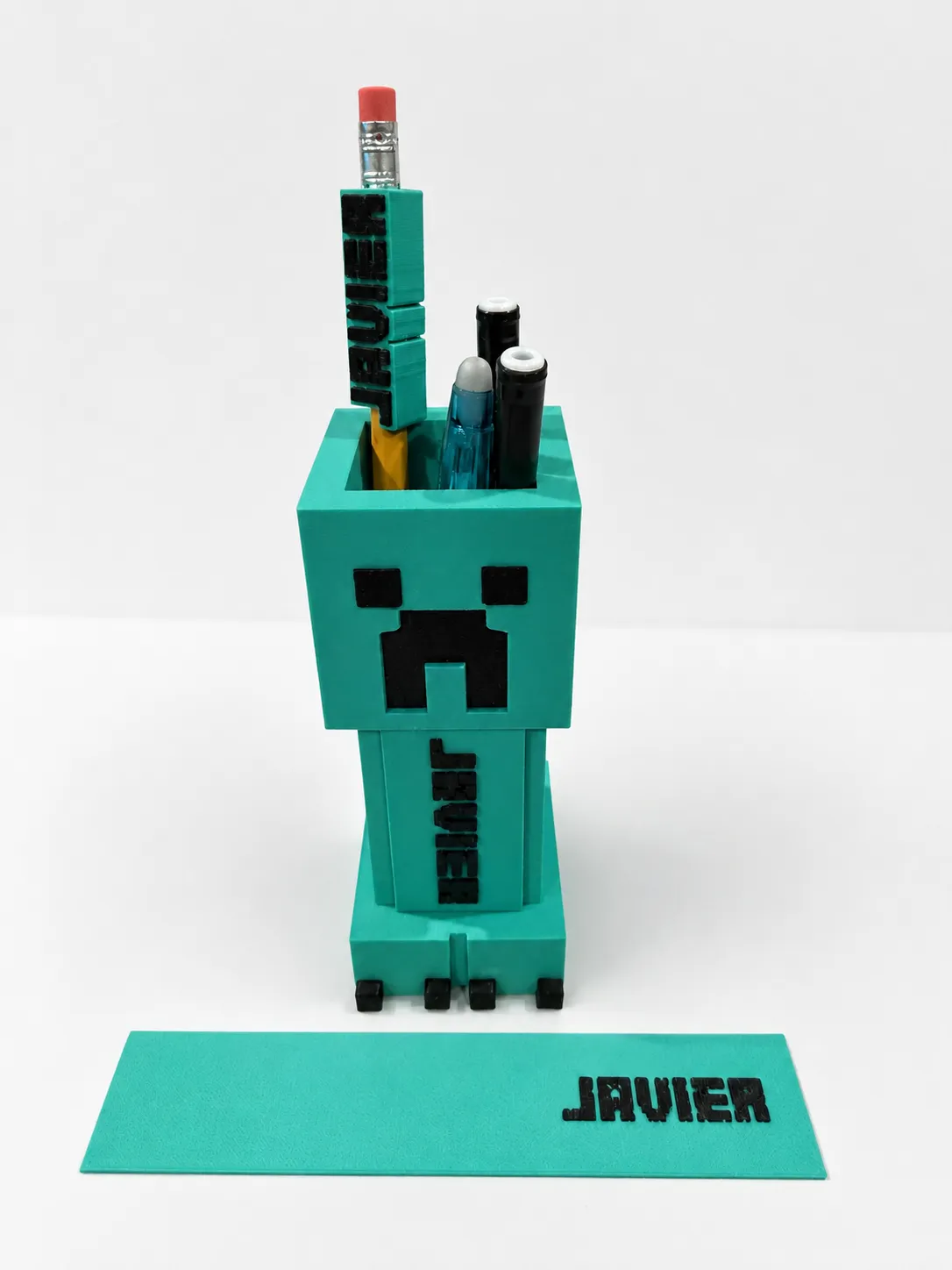 Pack personalizado de Minecraft con portalápices Creeper, topper de lápiz y marcapáginas con el nombre Javier