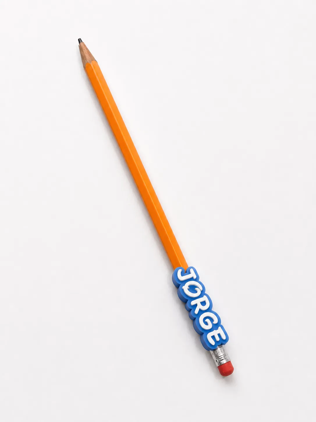 Topper de lápiz azul con el nombre Jorge en letras redondeadas impreso en 3D